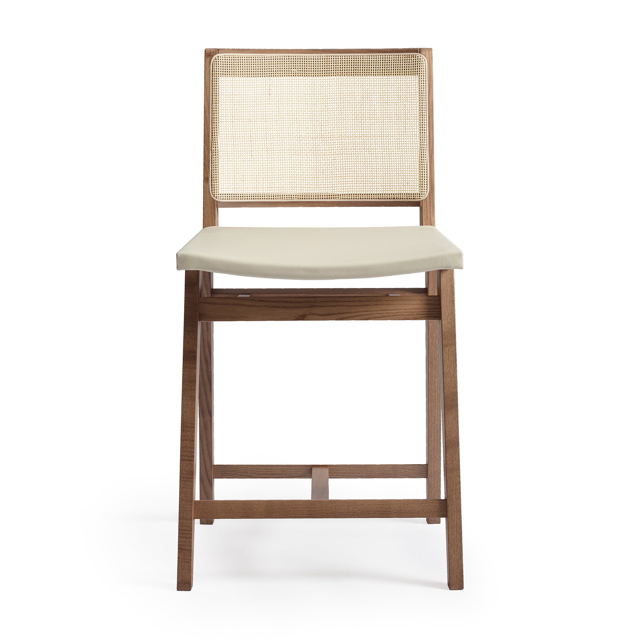 Front view of an Elye modern kitchen counter stool, walnut stained ash frame, square weave cane back, contract grade off white leather seat, produced by Klarel in Italy. *picture2 #K43-1