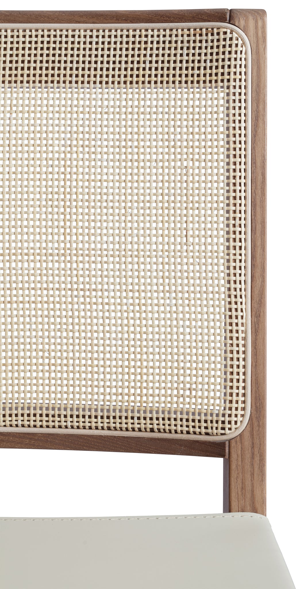 Close-up 1 of an Elye modern kitchen counter stool, walnut stained ash frame, square weave cane back, contract grade off white leather seat, produced by Klarel in Italy. #K43-1