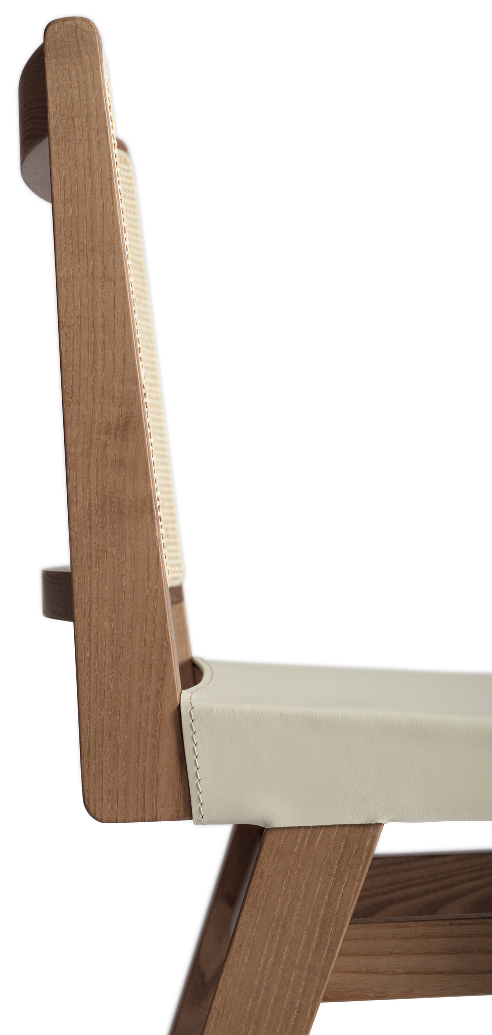 Close-up 2 of an Elye modern kitchen counter stool, walnut stained ash frame, square weave cane back, contract grade off white leather seat, produced by Klarel in Italy. #K43-1