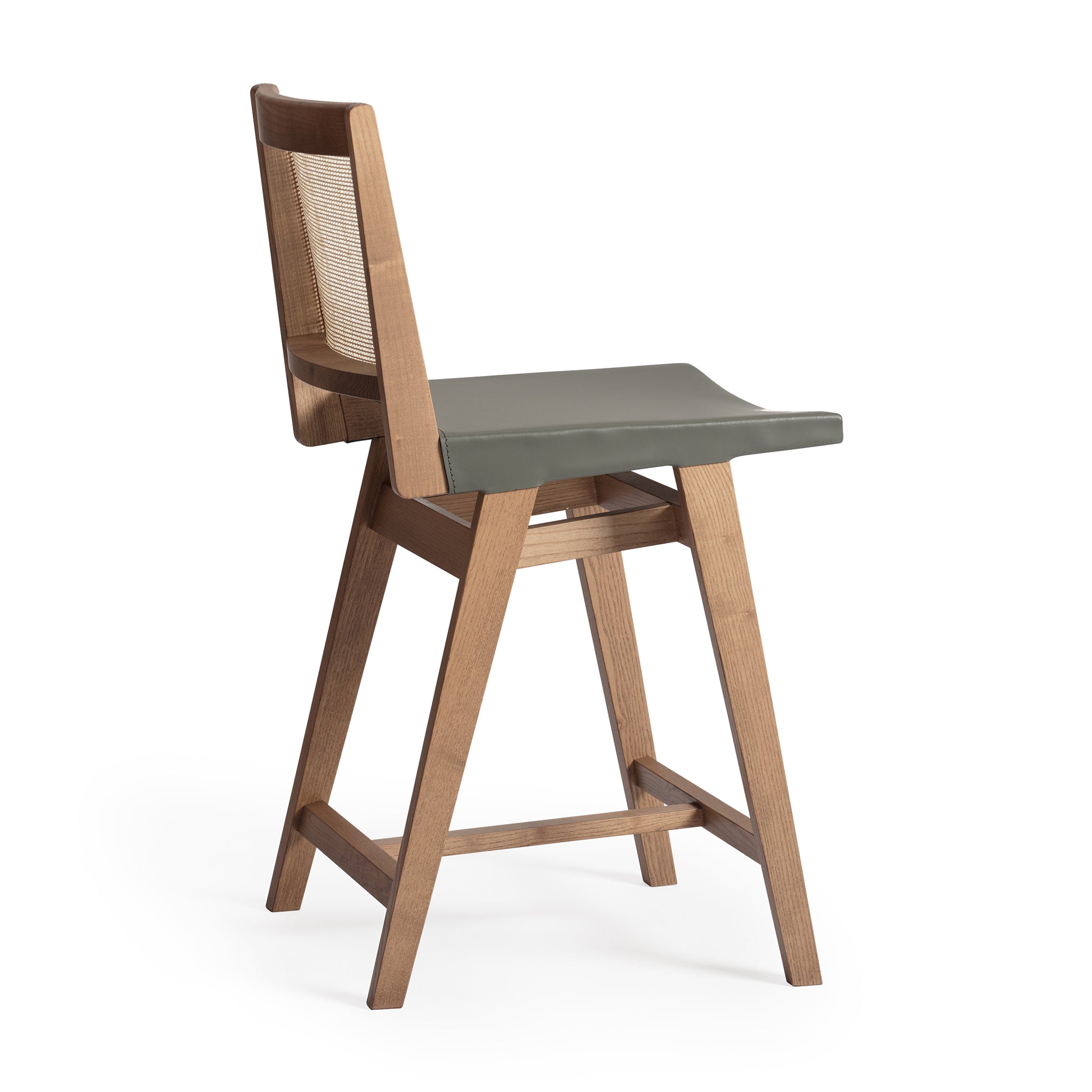 Back view of an Elye modern kitchen counter stool, walnut stained ash frame, square weave cane back, contract grade gray leather seat, produced by Klarel in Italy. #K43-2