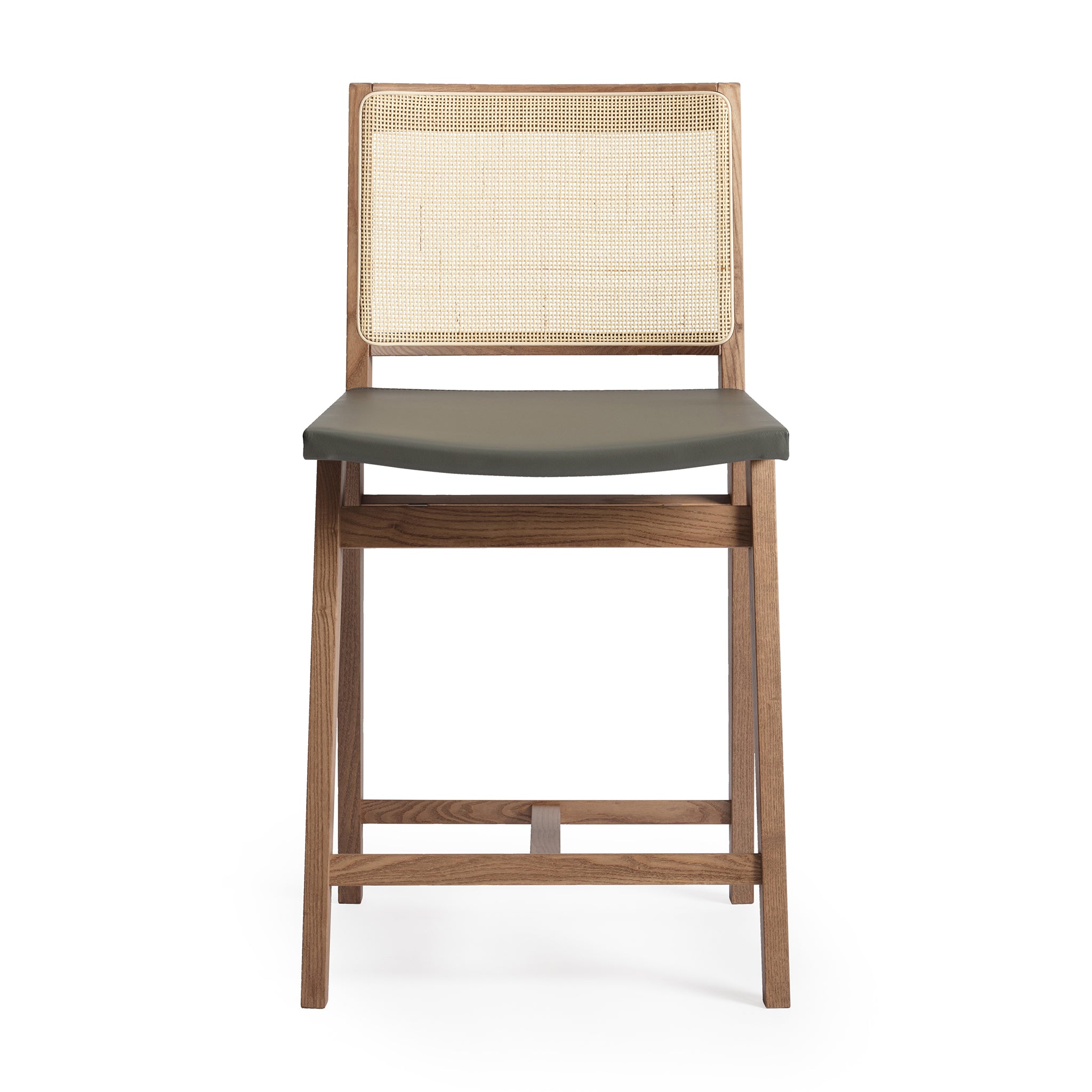 Front view of an Elye modern kitchen counter stool, walnut stained ash frame, square weave cane back, contract grade gray leather seat, produced by Klarel in Italy. #K43-2