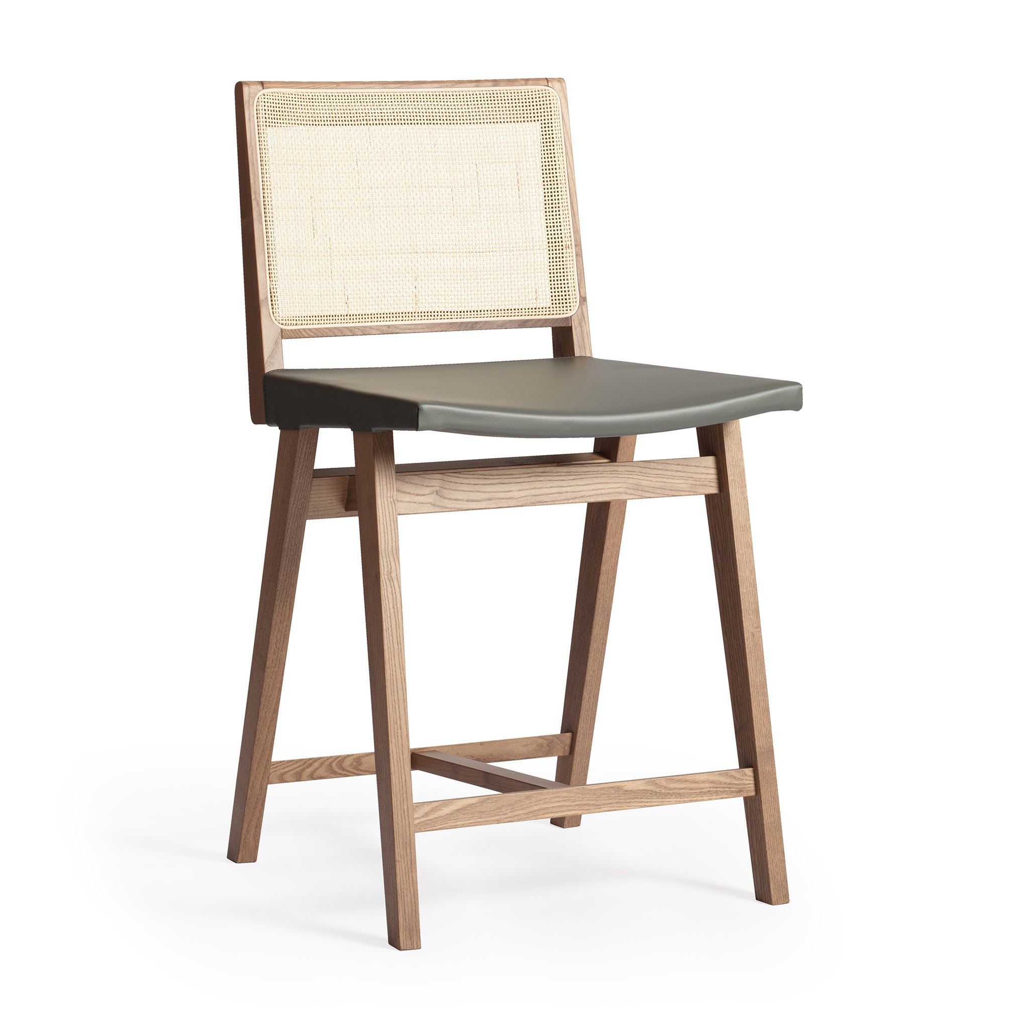 Main view of an Elye modern kitchen counter stool, walnut stained ash frame, square weave cane back, contract grade gray leather seat, produced by Klarel in Italy. #K43-2