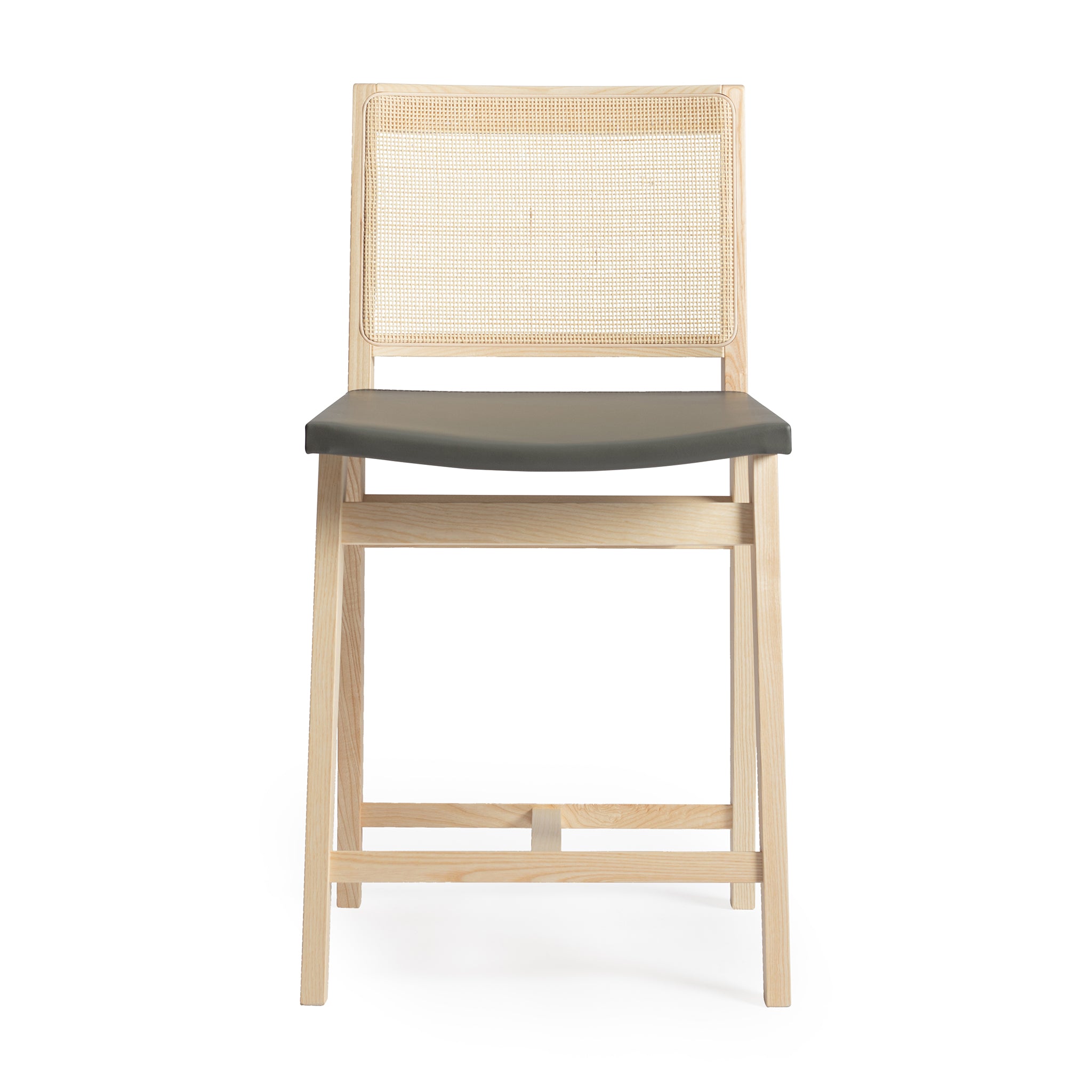 Front view of an Elye modern kitchen counter stool, natural ash frame, square weave cane back, contract grade gray leather seat, produced by Klarel in Italy. #K43-3