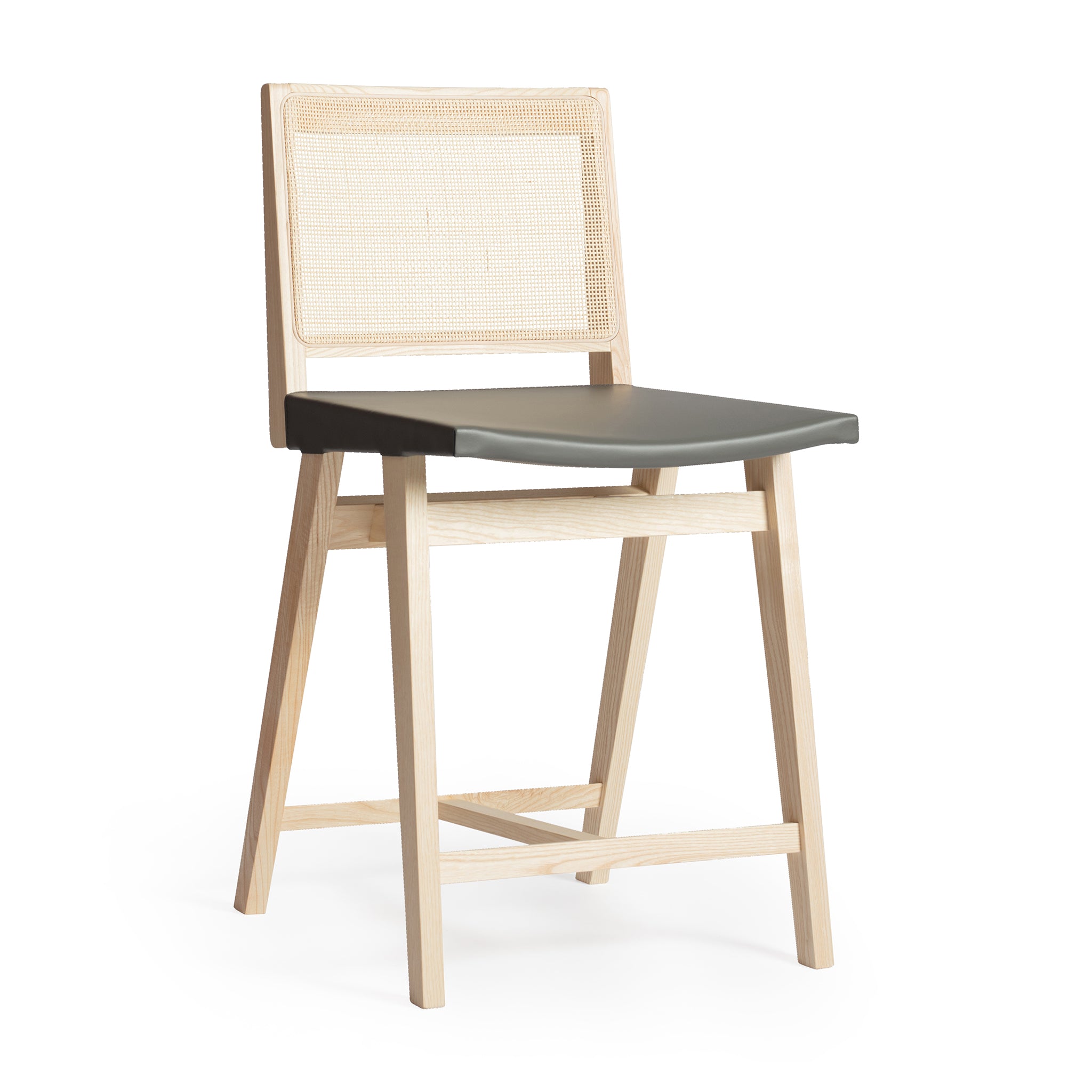 Main view of an Elye modern kitchen counter stool, natural ash frame, square weave cane back, contract grade gray leather seat, produced by Klarel in Italy. #K43-3